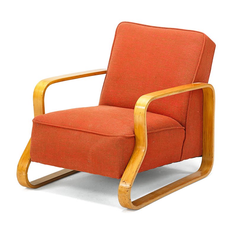 ALVAR AALTO; FINMAR Lounge chair: ALVAR AALTO (1898 - 1976) FINMAR Lounge chair (no. 44), Finland, 1940s-50s Birch plywood, upholstery Unmarked 28 1/2" x 25 1/2" x 38"