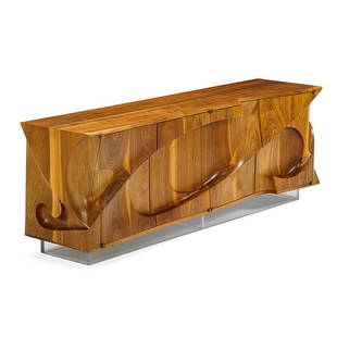 MICHAEL COFFEY Cabinet: MICHAEL COFFEY Swahili cabinet, Massachusetts, 2000s Sculpted walnut, acrylic Unmarked 28" x 80" x 20" Provenance: Original owner, commissioned from the artist