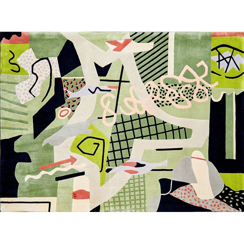 STUART DAVIS; V'SOSKE Rare tapestry: STUART DAVIS (1892 - 1964) V'SOSKE Rare "Flying Carpet" tapestry, Grand Rapids, MI, des. 1942 Wool and jute fiber Fabric manufacturer labels 64" x 92"