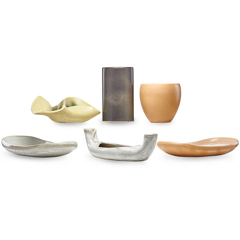 RUSSEL WRIGHT Six ceramic vessels and plates: RUSSEL WRIGHT (1904 - 1976) Six glazed ceramic vases and center bowls, USA, 1940s Some stamped Russel Wright Bauer, some stamped Russel Wright, one with glazed-over mark Tallest: 10 1/4", yellow bowl: