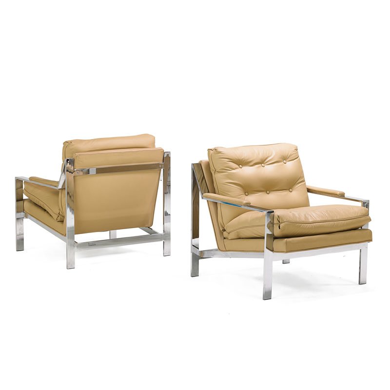 CY MANN Pair of lounge chairs: CY MANN Pair of lounge chairs, USA, 1970s Chromed steel, leather Unmarked 30 1/2" x 29 1/2" x 30"