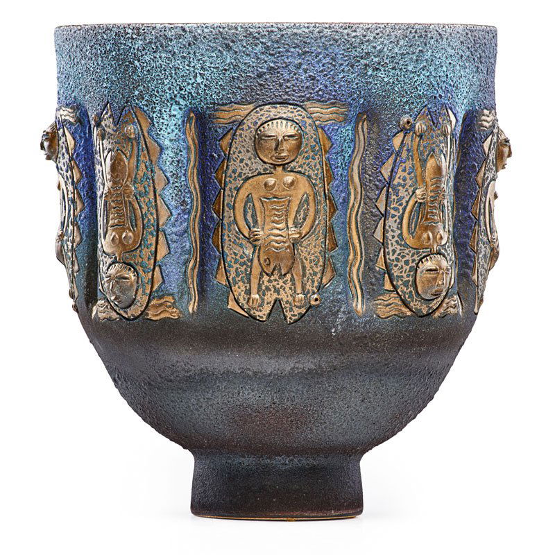 EDWIN AND MARY SCHEIER Large vase: EDWIN SCHEIER (1910 - 2008) MARY SCHEIER (1909 - 2007) Large vase with figures and fish, blue, purple, and copper glazes, Green Valley, AZ, 1994 Glazed earthenware Signed and dated 14 1/4" x 12 1/2" P