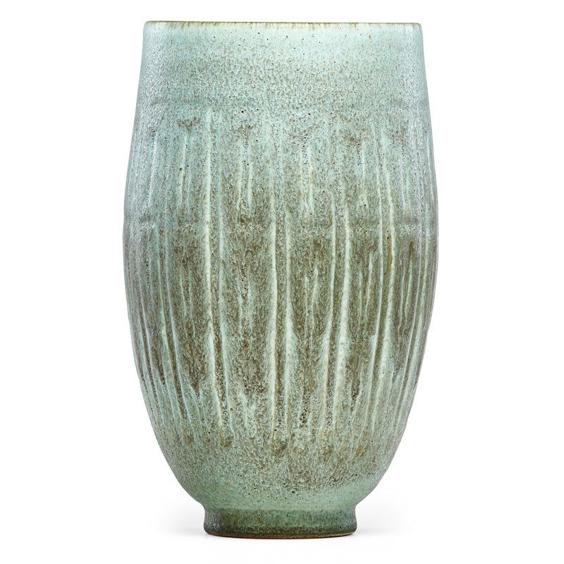 EDWIN AND MARY SCHEIER Vase: EDWIN SCHEIER (1910 - 2008) MARY SCHEIER (1909 - 2007) Ribbed vase, mid-20th C. Glazed earthenware Signed 10 1/2" x 6 1/2"