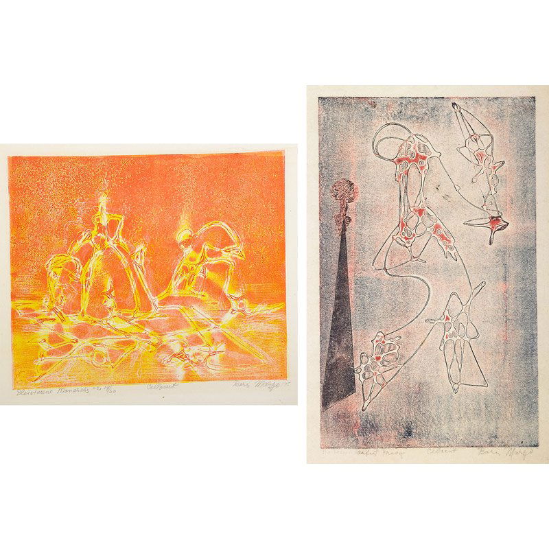 Boris Margo (American, 1902-1995): Two works of art; Pleistocene Monarchs #2, ca. 1947; Cellocut in colors; Signed, titled and numbered 14/30; 12 5/8" x 13 1/8" (sheet); The Lesson, ca. 1947; Cellocut in colors; Signed, titled and note