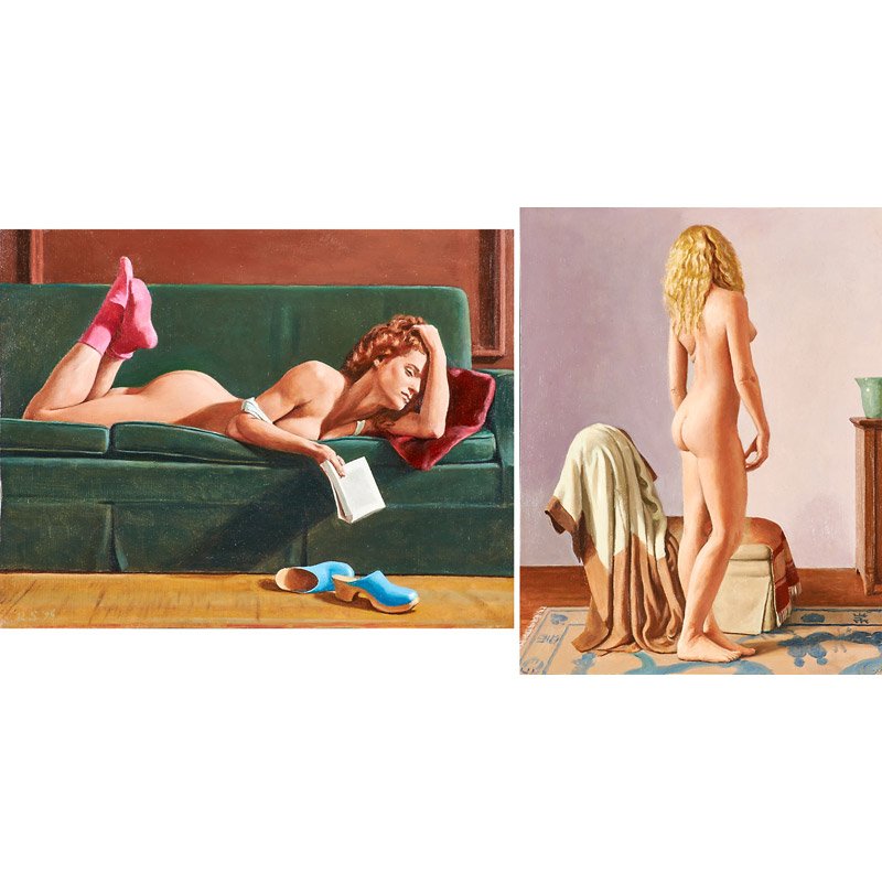 Ron Schwerin (American, b. 1940): Two works of art; Nude with Blue Clogs, 1996; Oil on canvas (framed); Initialed and dated; 11" x 14"; Standing Nude, Kimono on Chair, 1998; Oil on paper mounted to board; Initialed and dated; 12 7/8"