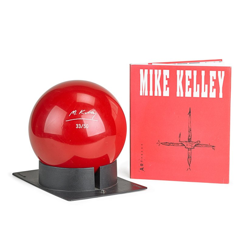 Mike Kelley (American, 1954-2012): Untitled (Bowling Ball, Stand and Catalogue), 1991; Bowling Ball is printed with signature and number 33/50; Catalogue is signed and dated 1992; Publisher: A.R.T. Press, Los Angeles; Provenance: Priva