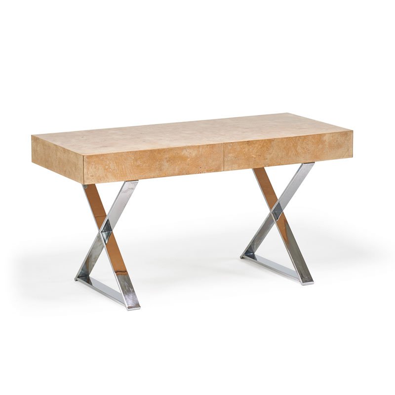 MILO BAUGHMAN (Attr.) DESK: Chromed steel and burlwood, USA, 1970s Unmarked 28 1/2" x 54" x 24"