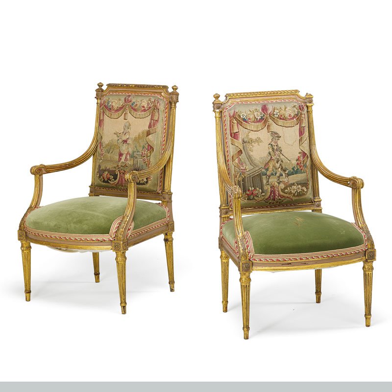 LOUIS XVI STYLE GILDED ARMCHAIRS: Aubusson tapestry backs and upholstered seats, early 20th c. 37" x 23" x 19"