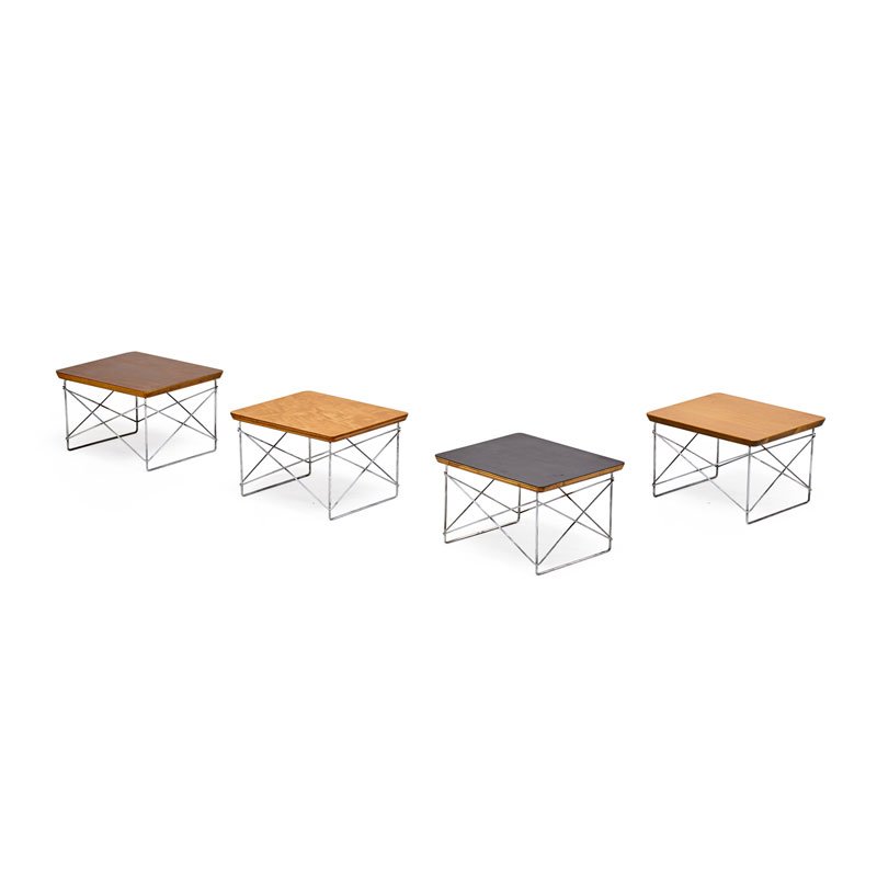 CHARLES AND RAY EAMES FOR HERMAN MILLER...: ...LTR SIDE TABLES - Four: Zinc plated steel, birch, and laminate, Zeeland, MI, 1950s Two with labels on underside 10" x 15" x 12"