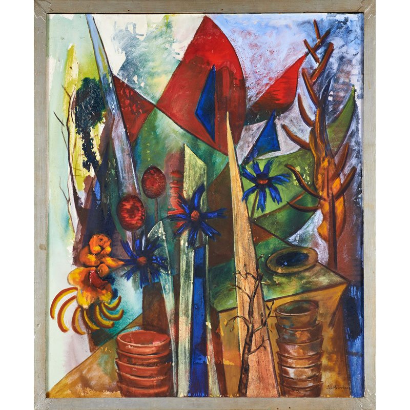 JOSEPH MEIERHANS (American/Swiss, 1890-1981): Untitled (abstract with flowers) Oil on board (artist's frame) Signed 34" x 28"