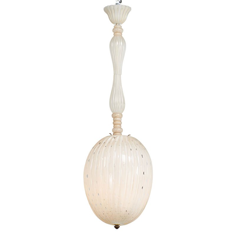 ERCOLE BAROVIER STYLE LANTERN CHANDELIER: Cased glass including controlled bubbles and gold leaf with brass armature and three sockets, Italy, 1960s or 1970s Unmarked Overall: 42" x 12" diameter