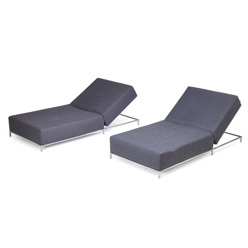 ANTONIO CITTERIO; B&B ITALIA GEORGE DAYBEDS: Two: Polished aluminum, felt upholstery, Italy, 2000s Manufacturer labels Backs extended: 32" x 47" x 77"