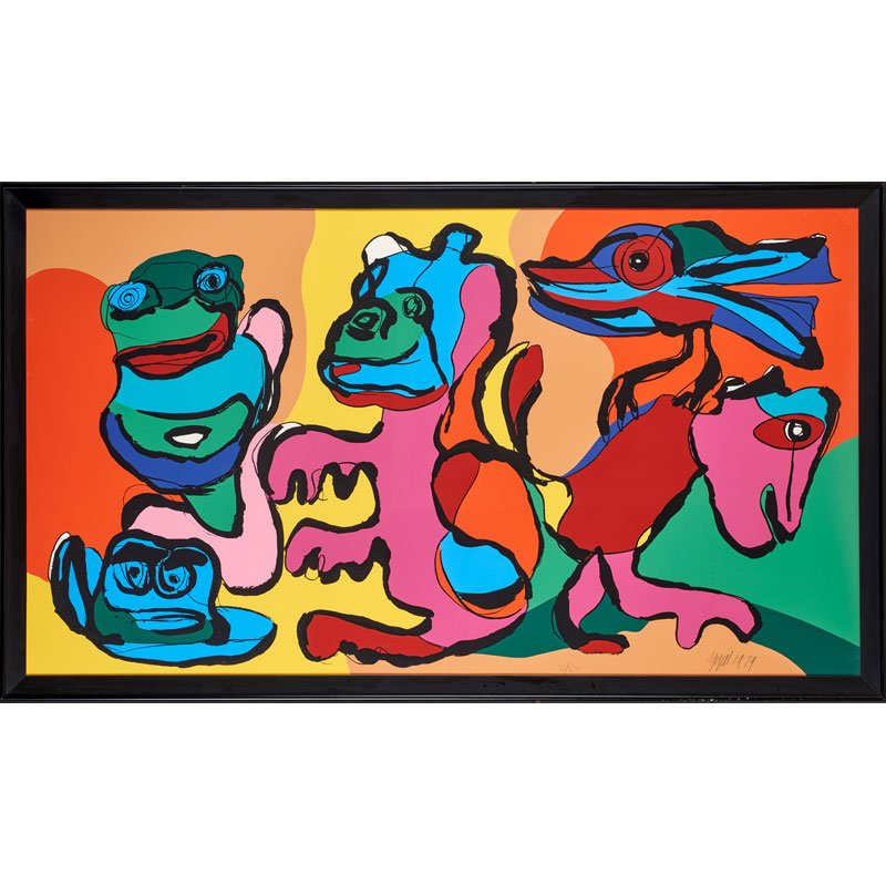 KAREL APPEL (Dutch, 1921-2006): Screenprint in colors "Laughing Frog and His Friends in the Golden Age," 1974 (framed) Signed, dated and numbered 2/50 40" x 71 1/2" (sight)