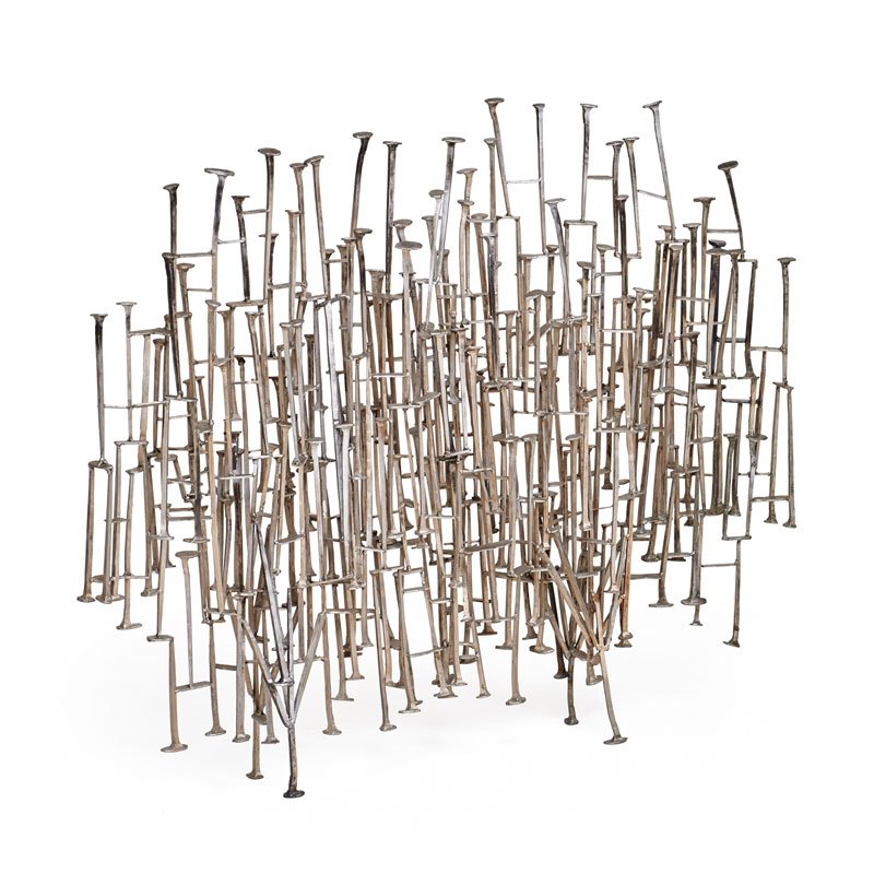 JOHN LYLE FIRESCREEN: Nailhead design in polished white bronze, New York, 2000s Unmarked 33" x 38"