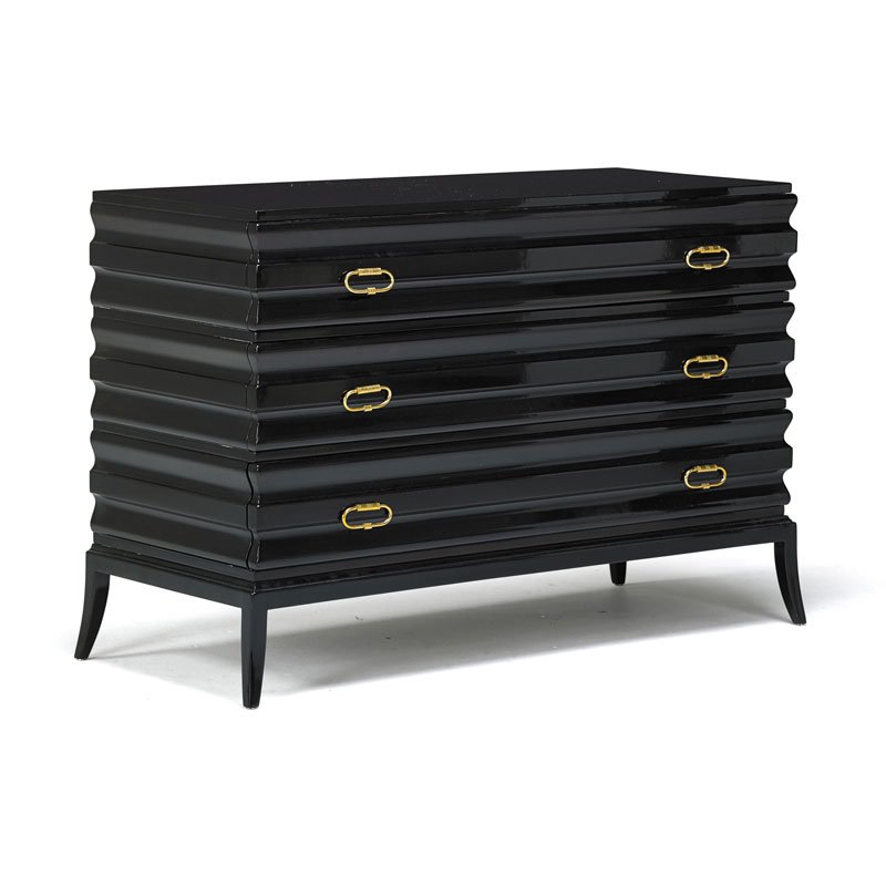 AFTER TOMMI PARZINGER DRESSER: Lacquered mahogany and brass, USA, 2000s Unmarked 33" x 50 1/2" x 21"