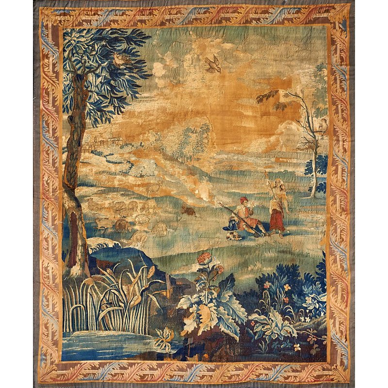 AUBUSSON TAPESTRY: Depicting shepherds outside of a village, France, second half of the 19th c. 88" x 73 1/2"