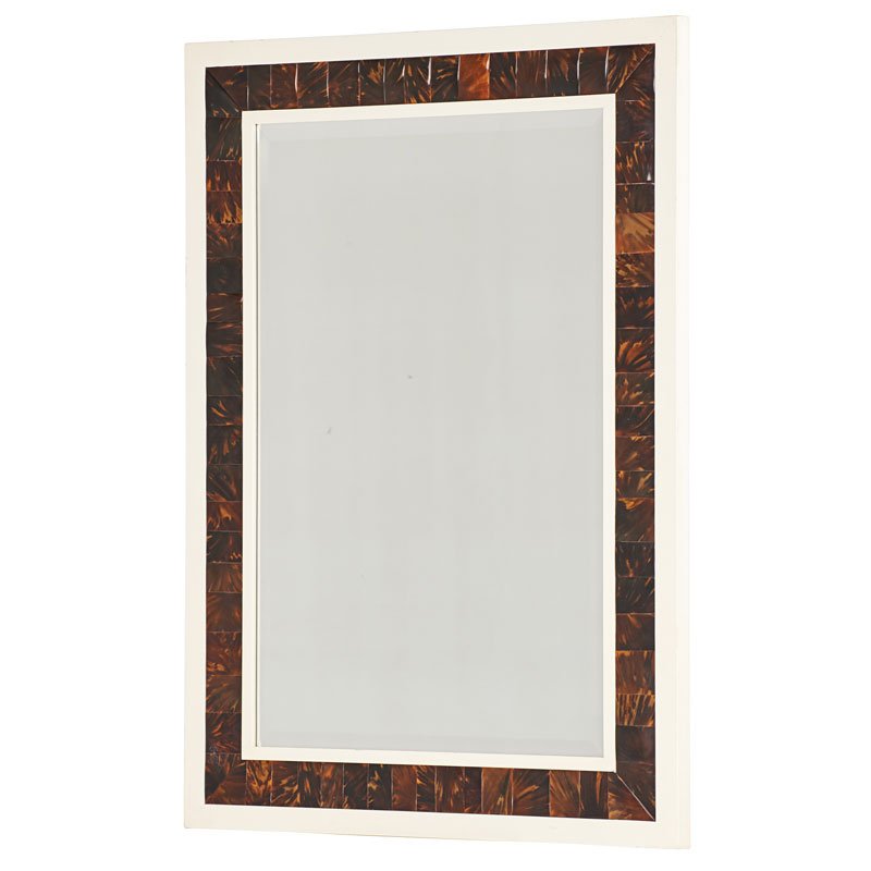 KARL SPRINGER STYLE WALL MIRROR: Beveled mirror glass with enameled wood and faux tortoise shell frame, USA, latter half of the 20th c. Unmarked 48" x 35"