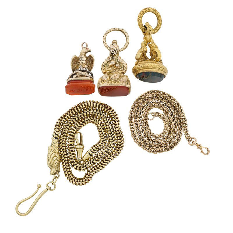 THREE ORNATE VICTORIAN FOBS, TWO CHAINS, MOST GOLD (1 of 1)