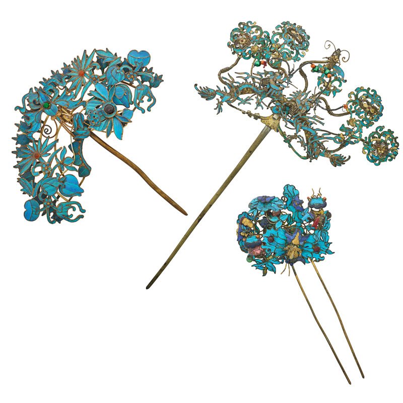 QING DYNASTY KINGFISHER FEATHER HAIR ORNAMENT (1 of 10)