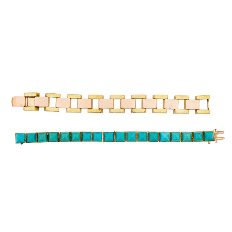 TWO MACHINE AGE GOLD LINK BRACELETS: A line of stepped sugarloaf-cut turquoise in 18k gold links; 14k pink and yellow gold block links. 7 1/4". 47.8 dwt. GW.