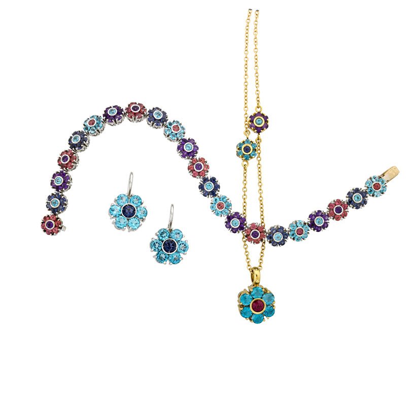 MULTI GEM-SET GOLD ASSEMBLED FLOWER HEAD JEWELRY SUITE (1 of 1)