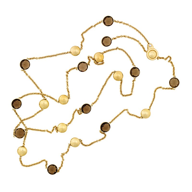 CHIMENTO SIGILLY 18K GOLD SMOKY QUARTZ LONG CHAIN: The trace-link chain with eleven spectacle set double rose cut smoky quartz and ten button shaped gold stations, hinged diamond accented clasp, wearable in many configurations. Signed Chimento, 408 VI