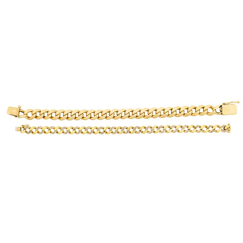 TWO LONG GOLD LINK BRACELETS: Comprising an 18k bicolor gold curb link bracelet, the 17 alternating white gold links embellished with single-cut diamonds, approx. .90 ct. TW; A Cuban link chain, approx. 15k. Ca. 1960. Unmarked. 8