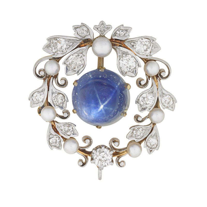 UNTREATED BURMA STAR SAPPHIRE & DIAMOND BROOCH (1 of 2)