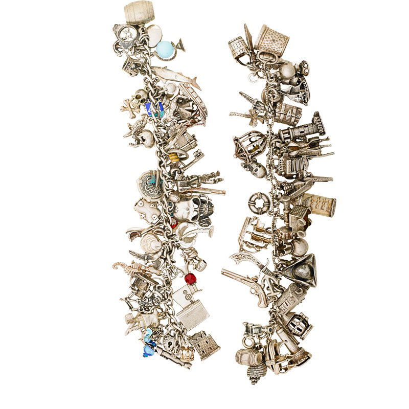 CARIBBEAN OR KEY WEST BRACELETS, INCL SILVER, GOLD: A five piece collection includes three silver link bracelets profusely set with approx. 105 figural charms, some enameled, some articulated; An enameled gold signal flag alphabet-link bracelet; An ena