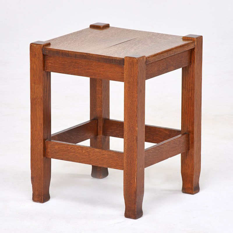 STICKLEY BROTHERS: Tabouret, Grand Rapids, MI, early 20th c.; Quartersawn oak; Quaint metal tag; 18" x 14" sq.