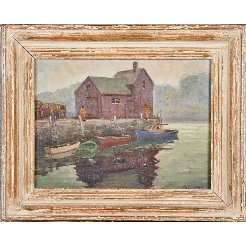 MELVILLE F. STARK (American, 1903-1987): Oil on canvasboard; "Boathouse" (framed); Signed; 12" x 16"
