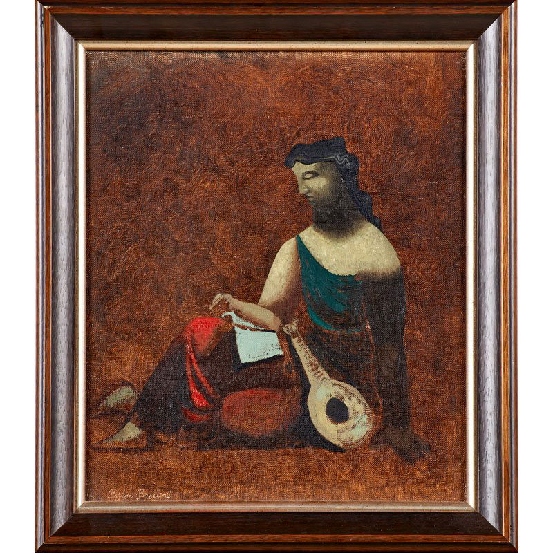 BYRON BROWNE (American, 1907-1961): Oil on canvas; "The Lute Player," 1941 (framed); Signed to recto, dated to verso; 14 1/2" x 12 1/2"
