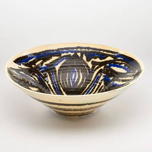 JEAN BESNARD (1889-1958): Glazed ceramic center bowl with abstract floral design, France, 1925; Signed and dated; 5" x 15" dia.