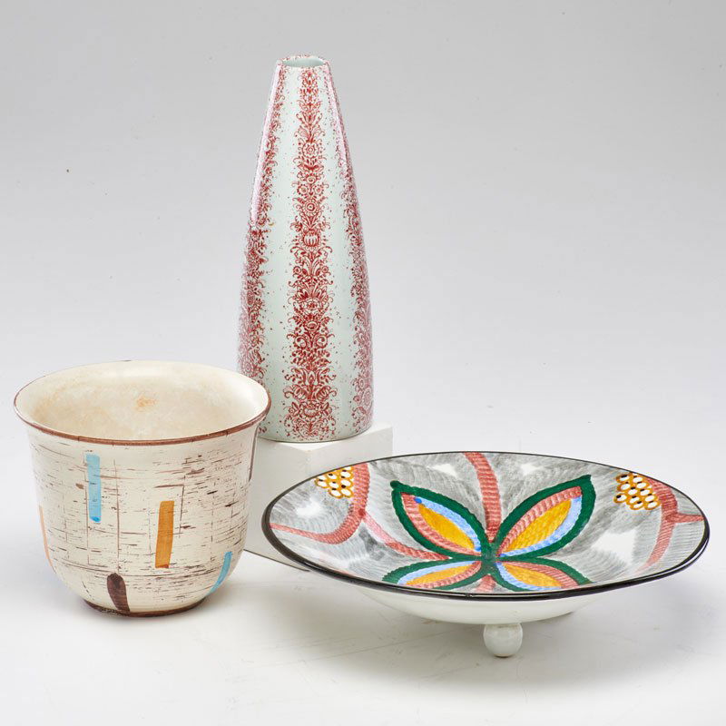 EVA ZEISEL/ SCHRAMBERG; JACOB BANG/ NYMOLLE, ETC.: Three glazed ceramic pieces: footed low bowl, flaring bowl, and tapered vase, Germany/Denmark, ca. 1928; All marked; Vase: 9 1/4" x 3 1/4"