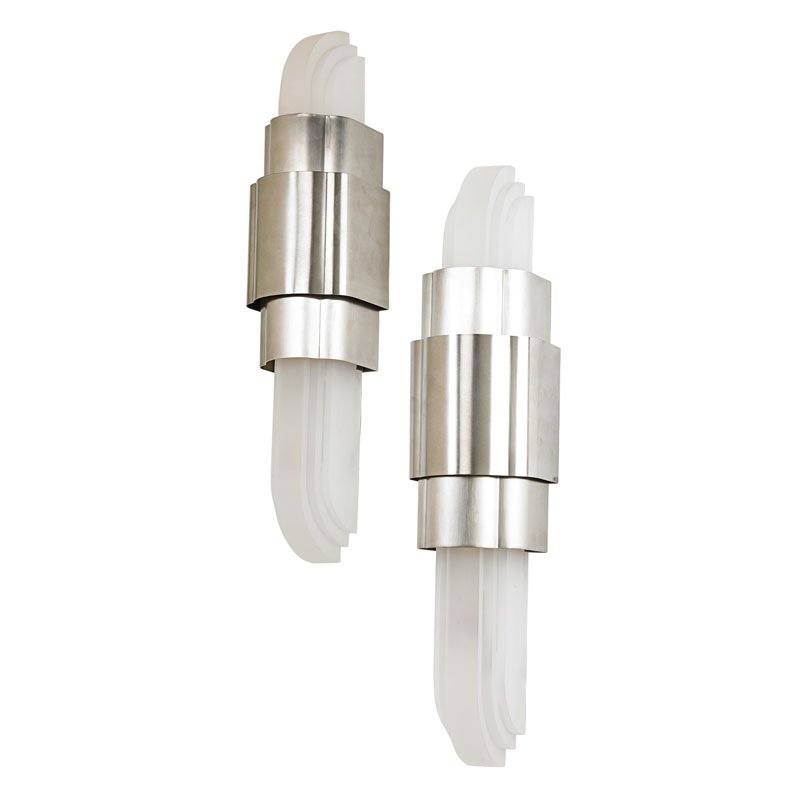 RON SEFF: Pair of Art Deco style sconces, New York, 2000s; Plated brass, frosted lucite; Unmarked; 26" x 6" x 5 1/2"