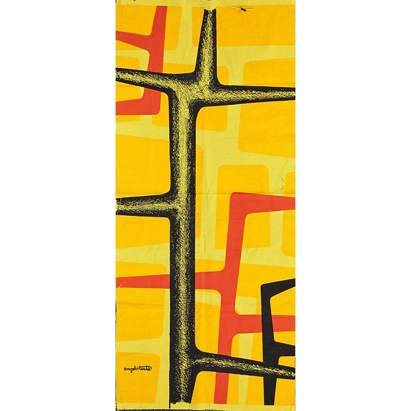 ANGELO TESTA: Textile, silkscreen on linen, USA, 1970s; Signed; 26" x 53"