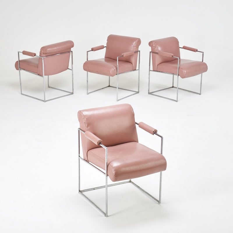 MILO BAUGHMAN; THAYER COGGIN: Four armchairs, High point, NC, 1970s; Chromed steel, vinyl upholstery; 29" x 23" x 27"