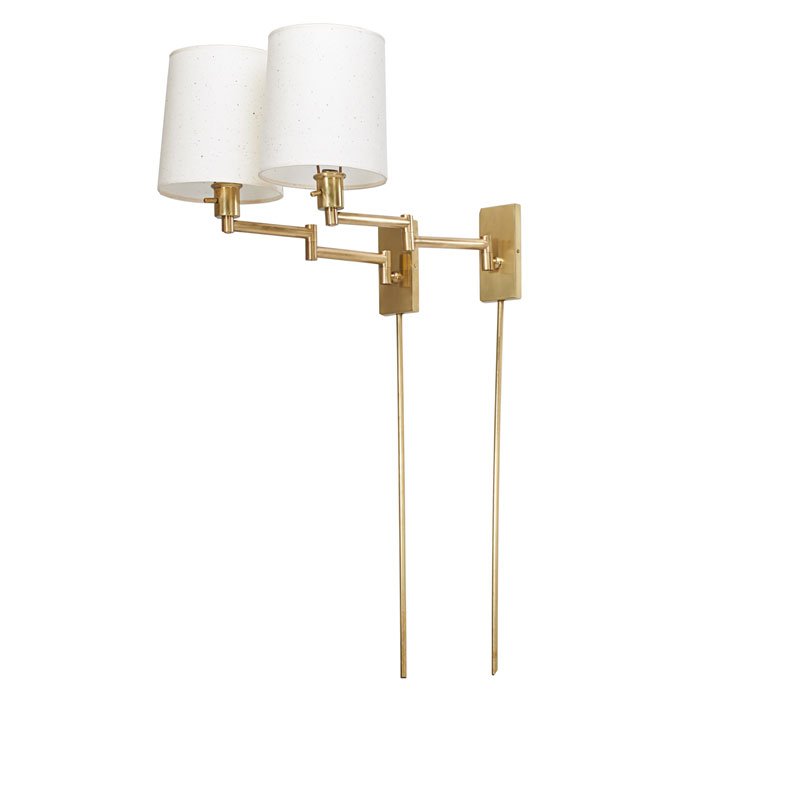 FREDERICK COOPER: Pair of swing-arm wall lights, Chicago, IL; Polished brass, wire covers, parchment shades; Label on reverse; Extended: 52 1/2" x 21"