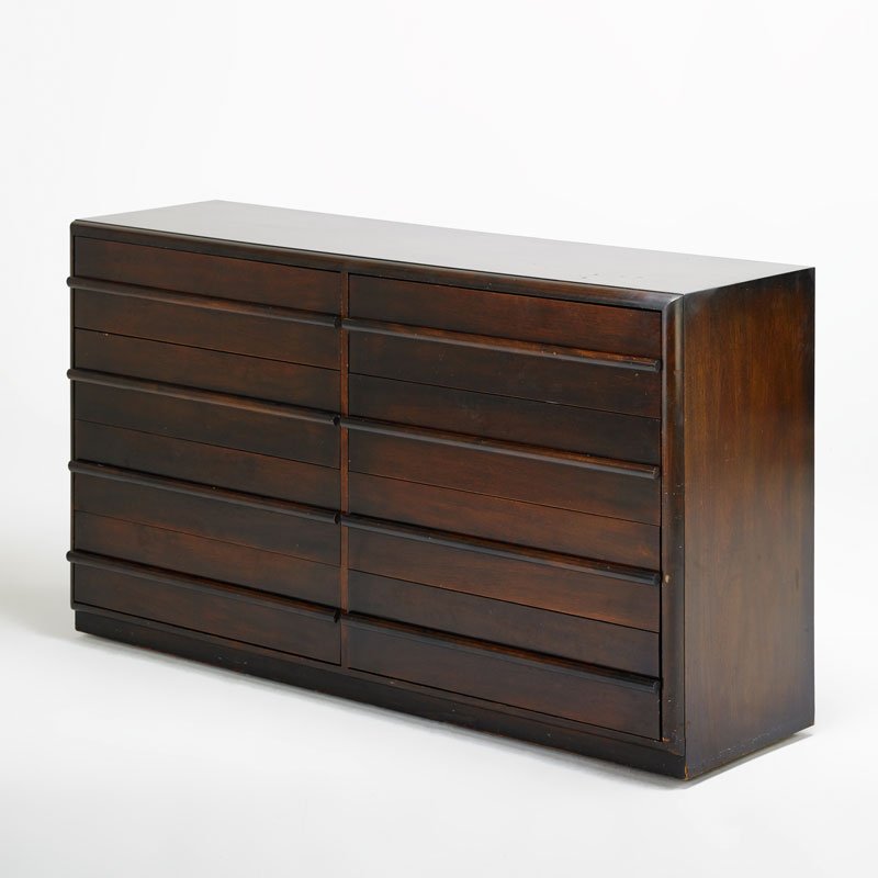 T.H. ROBSJOHN-GIBBINGS; WIDDICOMB: Eight drawer double dresser, Grand Rapids, MI, 1950s; Mahogany; Fabric label; 40" x 68" x 20 1/2"
