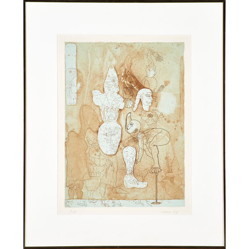 JORGE CASTILLO (Spanish, b. 1933): Two etchings and aquatints in colors; Clown with Figures, 1977 and Renaissance-like Figure, 1979 (framed separately); Both signed and dated, Clown with Figures inscribed PA; Larger: 19 1/2" x 13 1/2"