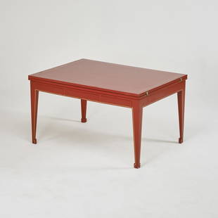 STYLE OF WILLIAM "BILLY" HAINES: Flip-top table/desk, USA, ; Lacquered wood, inlaid brass, silverleafed glass; Unmarked; Closed: 30" x 54" x 39", unfolded: 30" x 108" x 39"