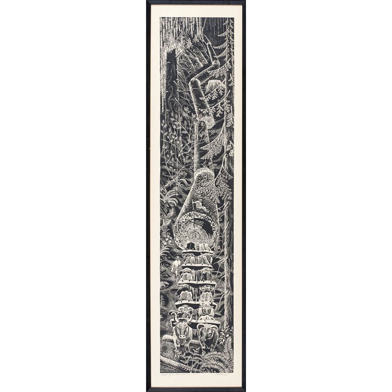 EMMY LOU PACKARD (American, 1914-1998): Linocut on paper; "Logging in Mendocino, 1870," 1967 (framed); Pencil signed and titled, dated in plate; 57" x 13 1/2" (sheet)