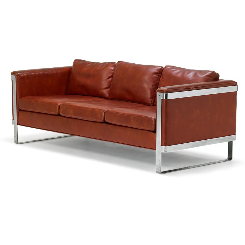 SELIG: Sofa, USA, 1970s; Chromed steel, vinyl; Retailer label; 27" x 73" x 33 1/2"