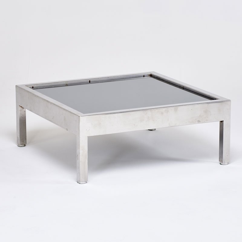 PACE: Coffee table, USA, 1970s; Chromed steel, mirrored glass; Unmarked; 16" x 40" sq.