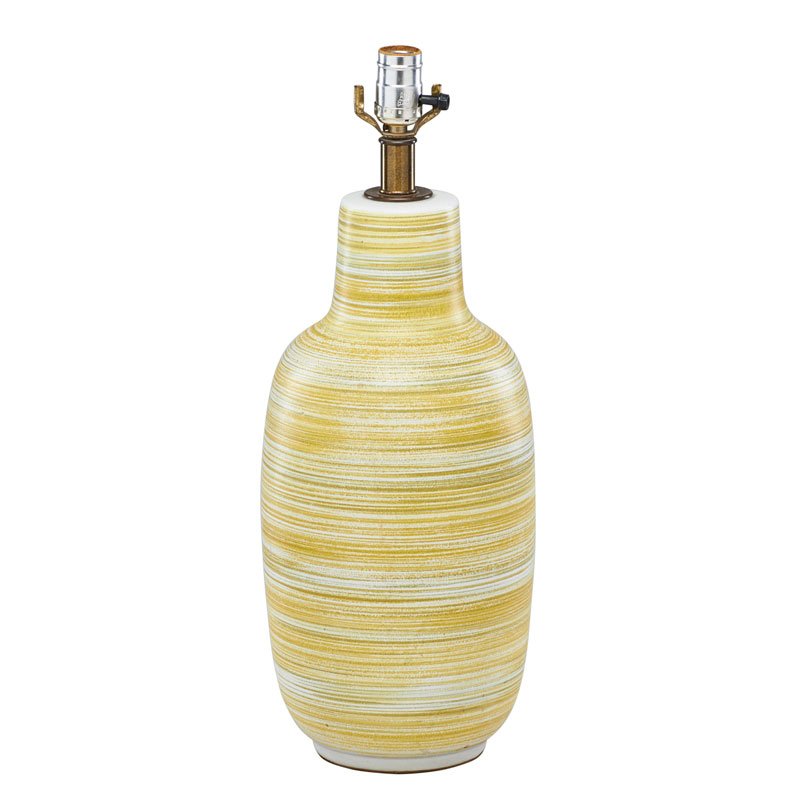 DESIGN TECHNICS (Attr.): Ceramic table lamp with green and yellow striated glaze, USA, mid 20th c.; Unmarked; 21 1/4" x 7 1/3" dia.