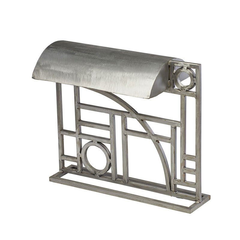 ROBERT SONNEMAN; GEORGE KOVACS: Geometric sculptural desk lamp, USA, ca. 1980s/90s; Brushed steel; Manufacturer labels; 15 1/2" x 18" x 9"