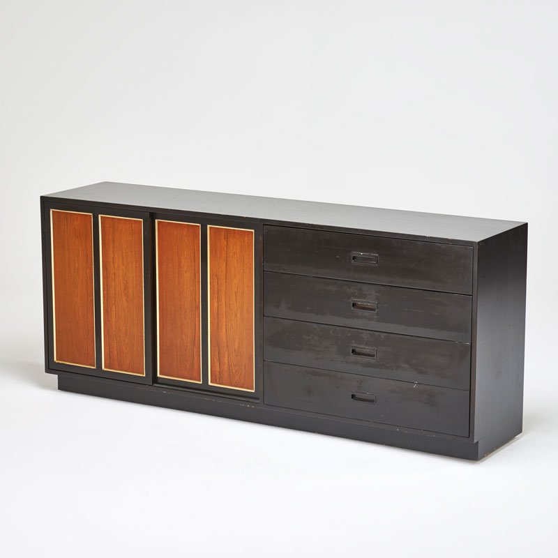 HARVEY PROBBER: Long cabinet, USA, 1960s; Rosewood, mahogany, metal labels; 33" x 77" x 18"
