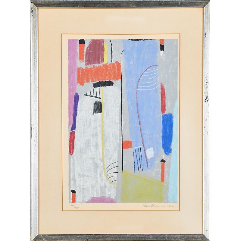 MAX ACKERMANN (German, 1887-1975): Screenprint in colors; "Die Begegnung," 1960 (framed); Signed, dated and numbered 41/100; 20" x 13 1/2" (sight)