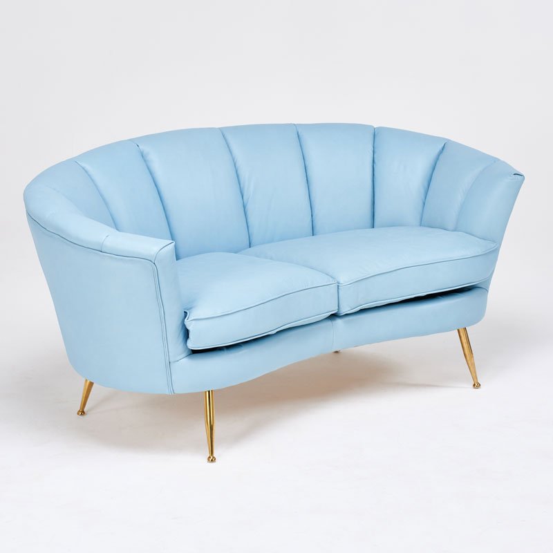 ITALIAN STYLE: Loveseat, 2000s; Brass, leather; Unmarked; 30" x 64" x 32"