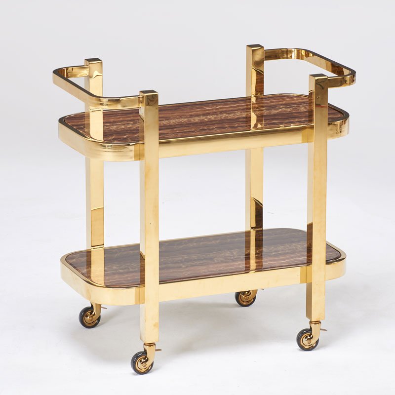 CONTEMPORARY: Bar cart, 2000s; Brass, onyx veneered stone; Unmarked; 30 1/2" x 30 1/2" x 18 1/4"